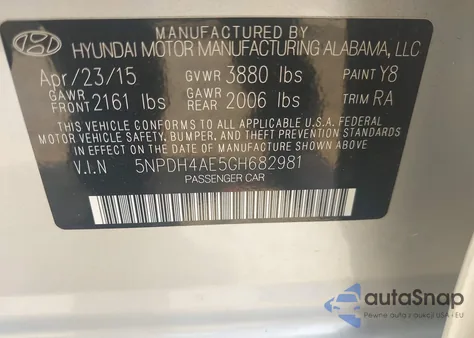 2016 Hyundai Elantra Se from USA, damaged, VIN 5NPDH4AE5GH682981